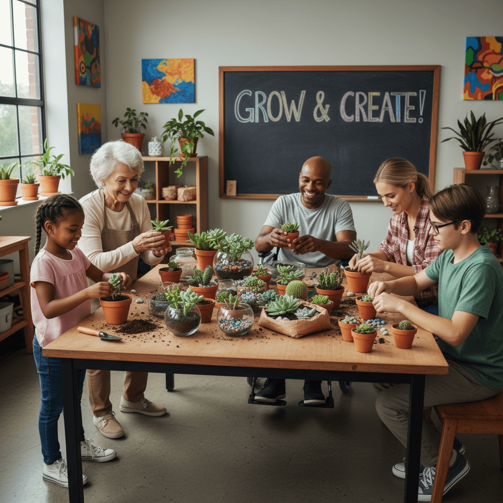 Diverse group participating in inclusive succulent pot-a-plant activity