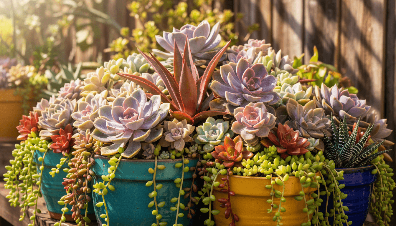Vibrant succulent pot arrangement with colorful thriving plants in natural light