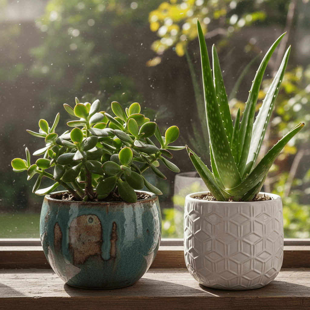 Close-up of healthy succulent plants in styled pots