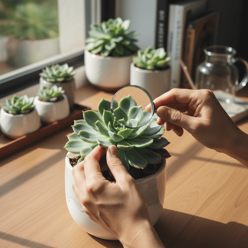 Horticulturist hands inspecting succulent leaves with magnifying lens in bright natural light