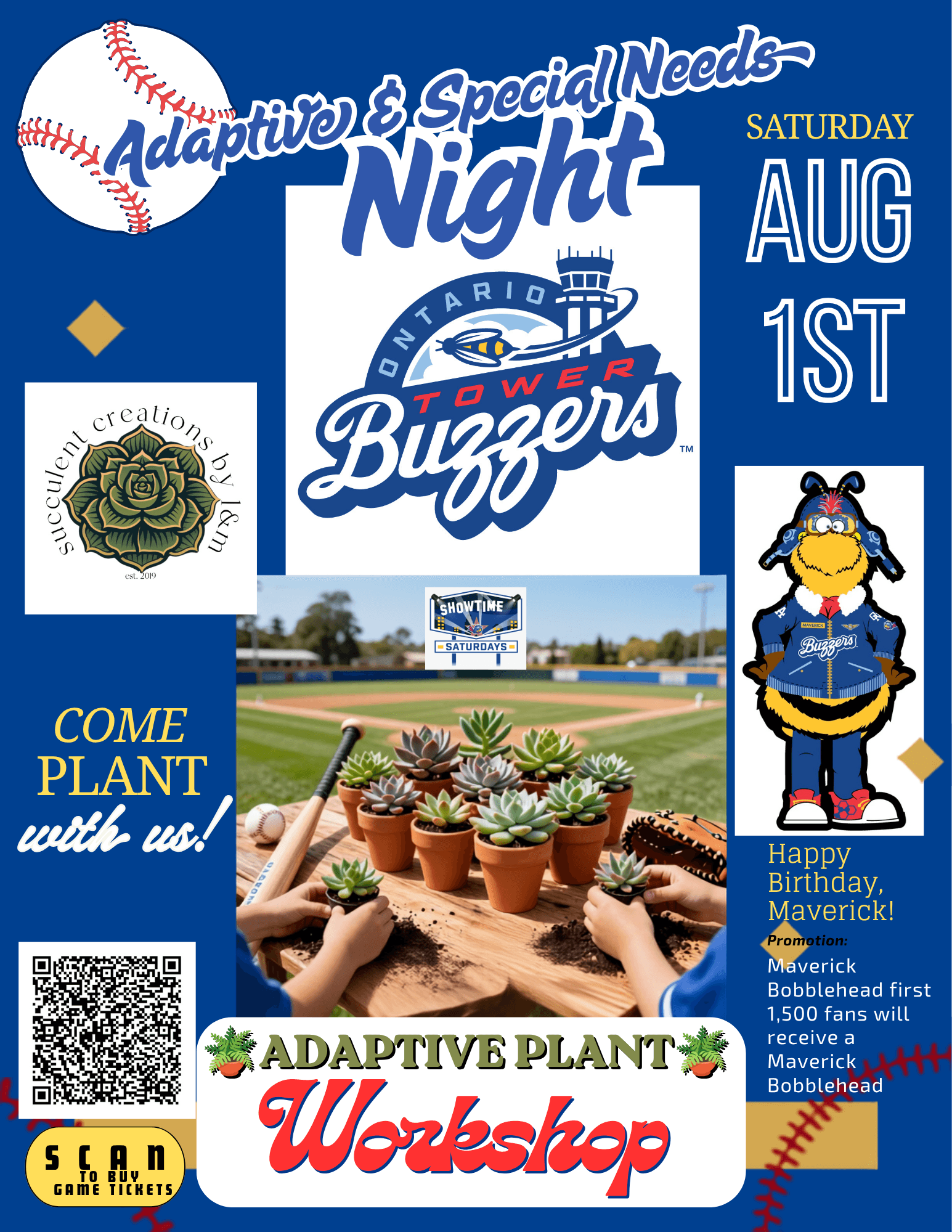 Event flyer for Ontario Tower Buzzers Adaptive Night featuring a succulent workshop and mascot Maverick.