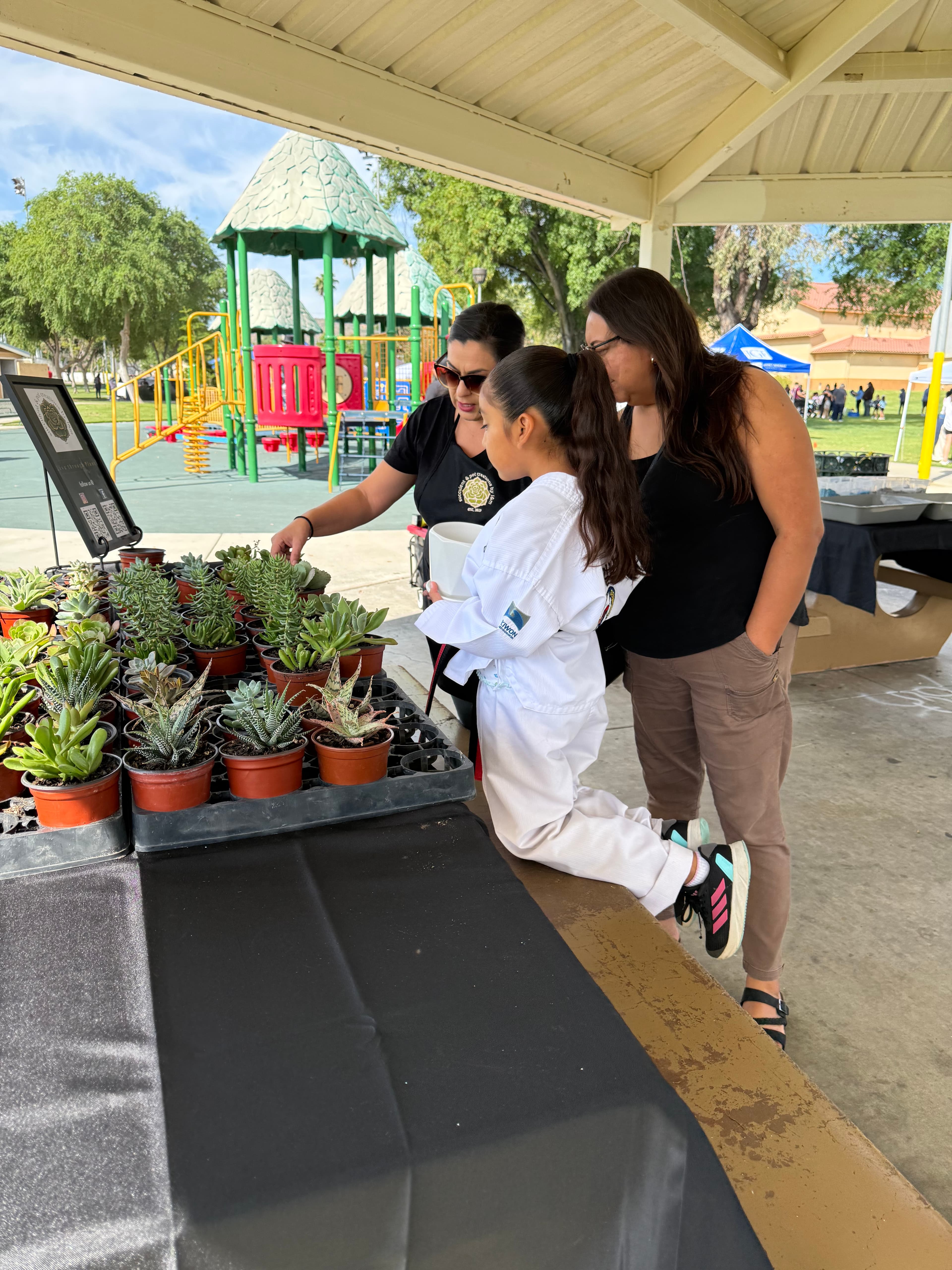 Young girl in a white martial arts uniform examines potted succulents at an outdoor market.