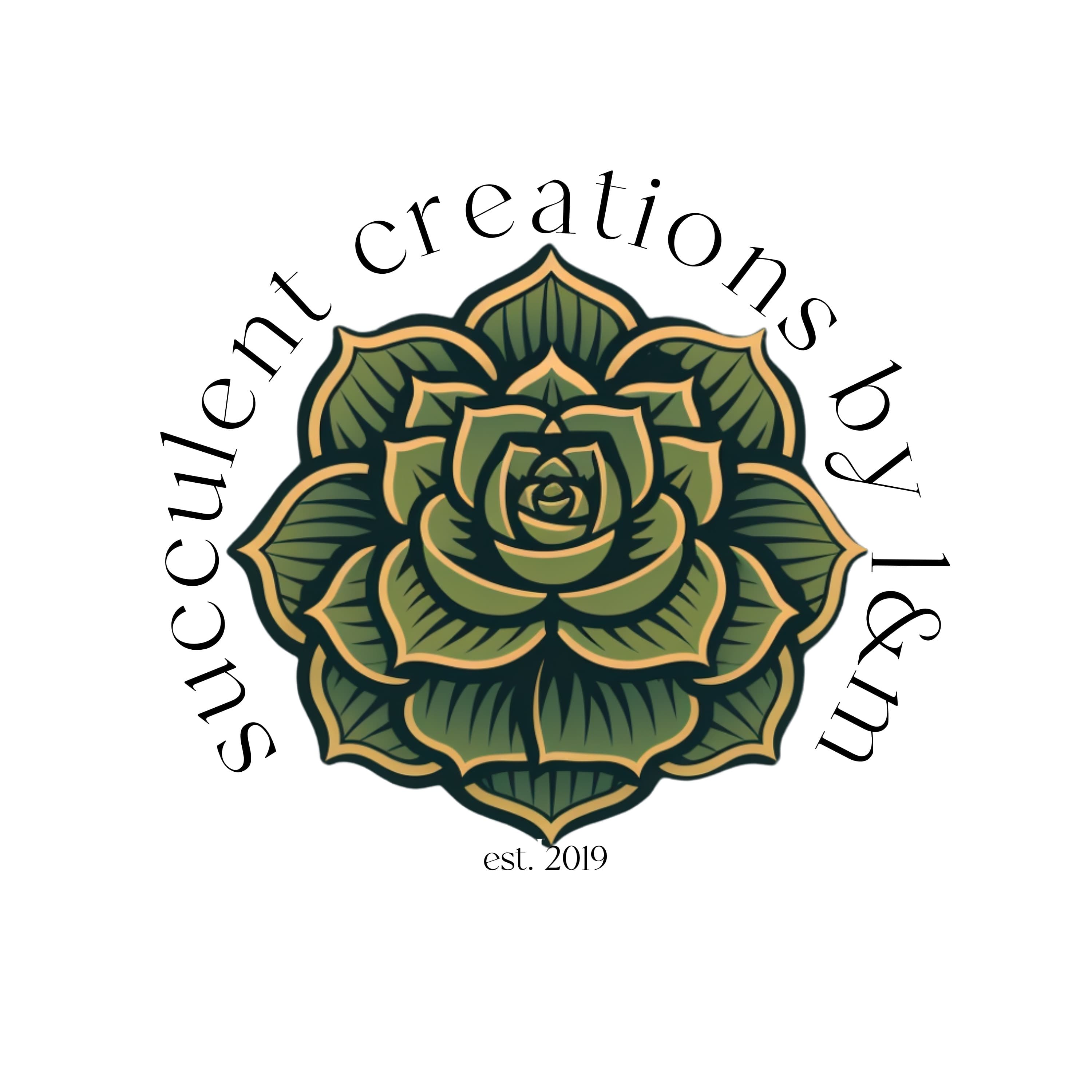 Stylized green succulent logo with arched text 'succulent creations by l&m' and 'est. 2019'.