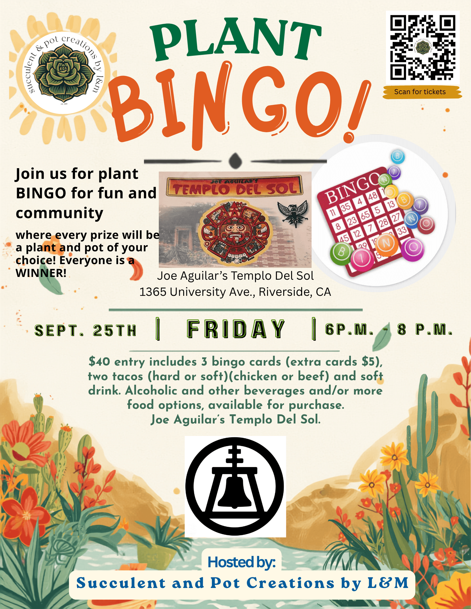 Plant Bingo event flyer for September 25th at Templo Del Sol in Riverside, California.